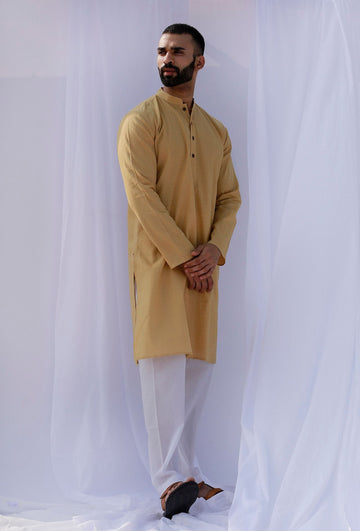 Set Of 2: Pastel Yellow Self Weave Cotton Kurta Pyjama Set